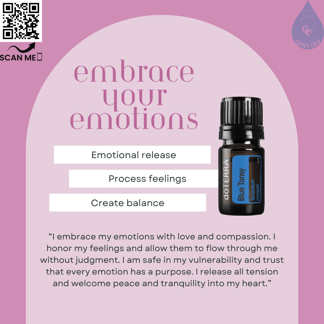 Blue Tansey: Embrace Your Emotions affirmation. The QR code opens a link to purchase Blue Tansey essential oil.