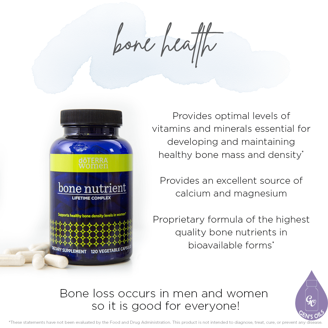 Bone health. A bottle of Bone Nutrient Essential Complex with benefits listed beside it.