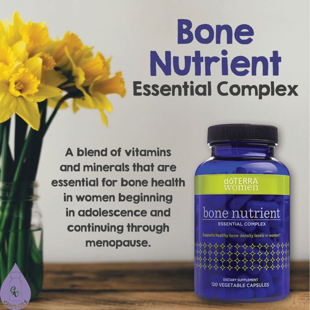 Bone Nutrient Essential Complex. A bottle sits on a shelf with a vase of flowers.