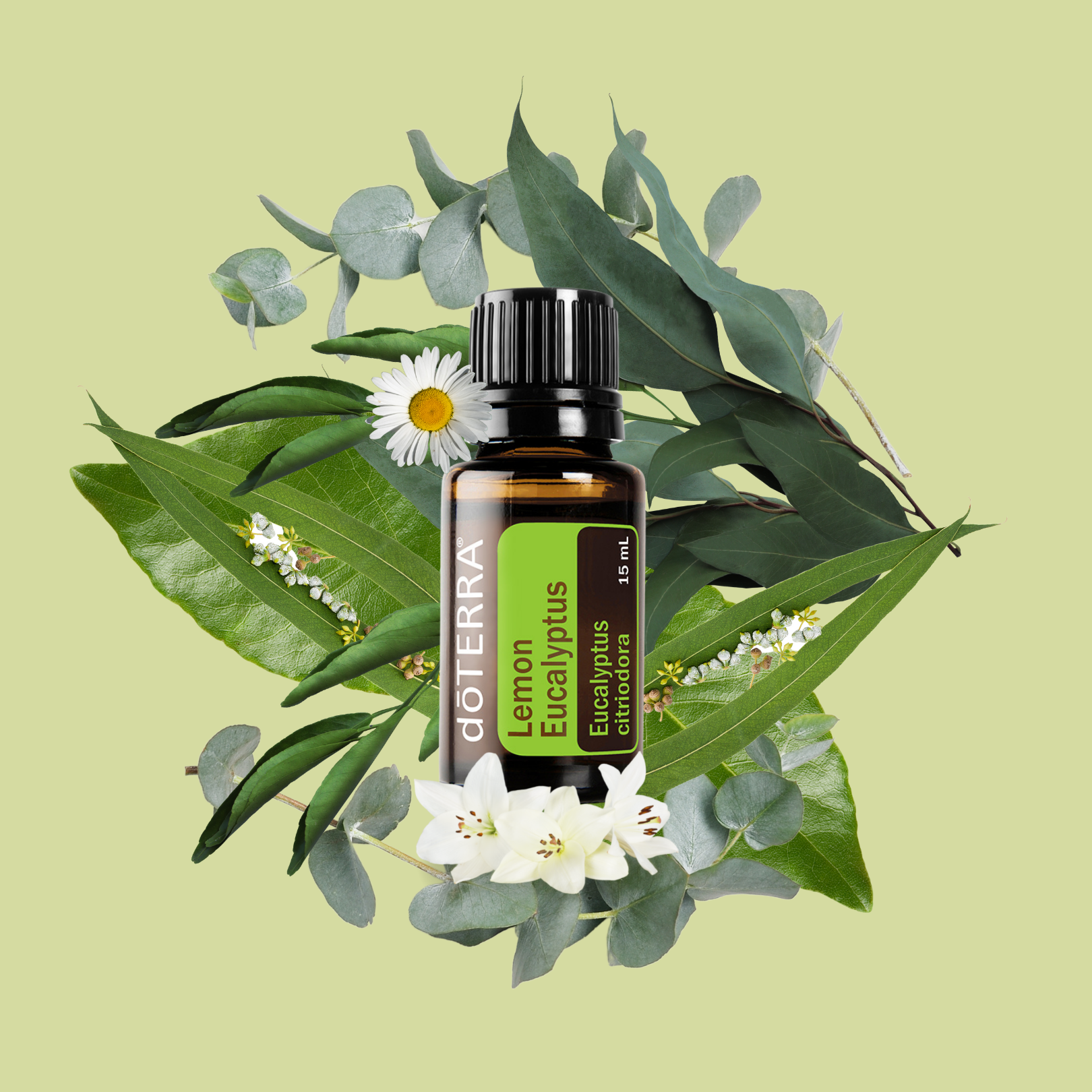 A bottle of Lemon Eucalyptus oil in a botanical setting