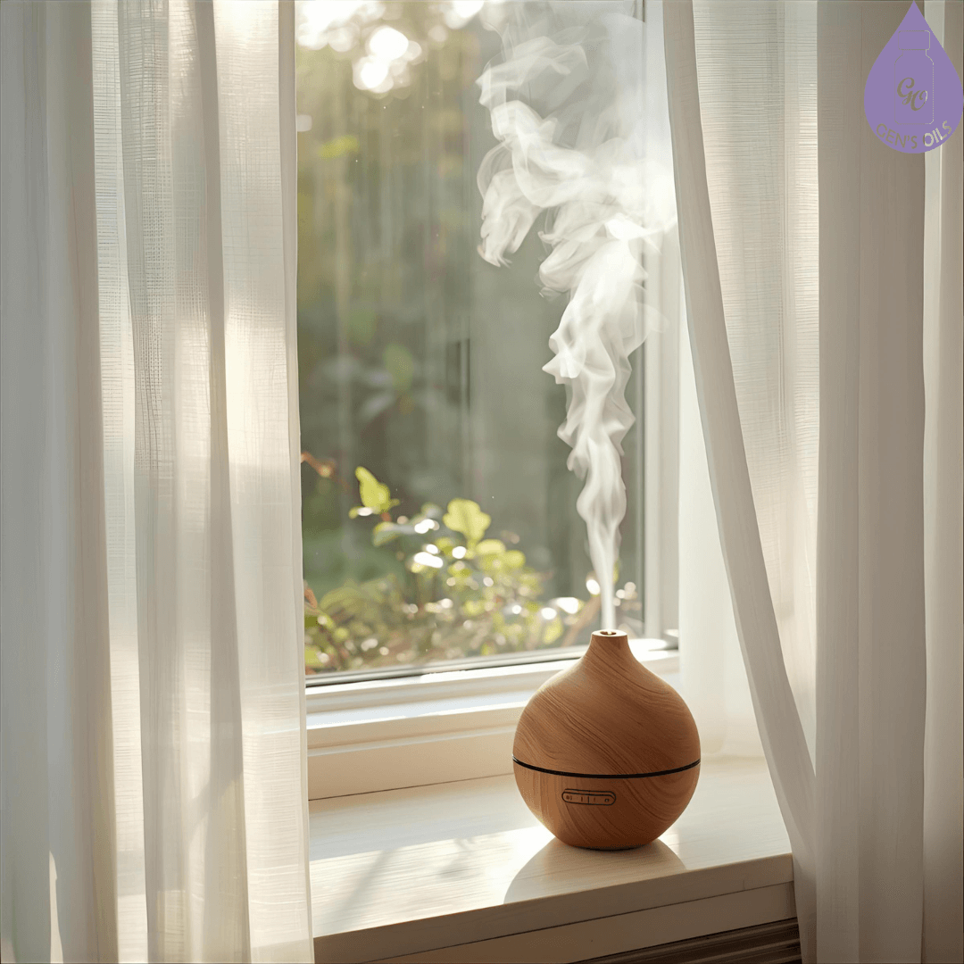 A diffuser near a window with sheer curtains, greenery, and soft light.