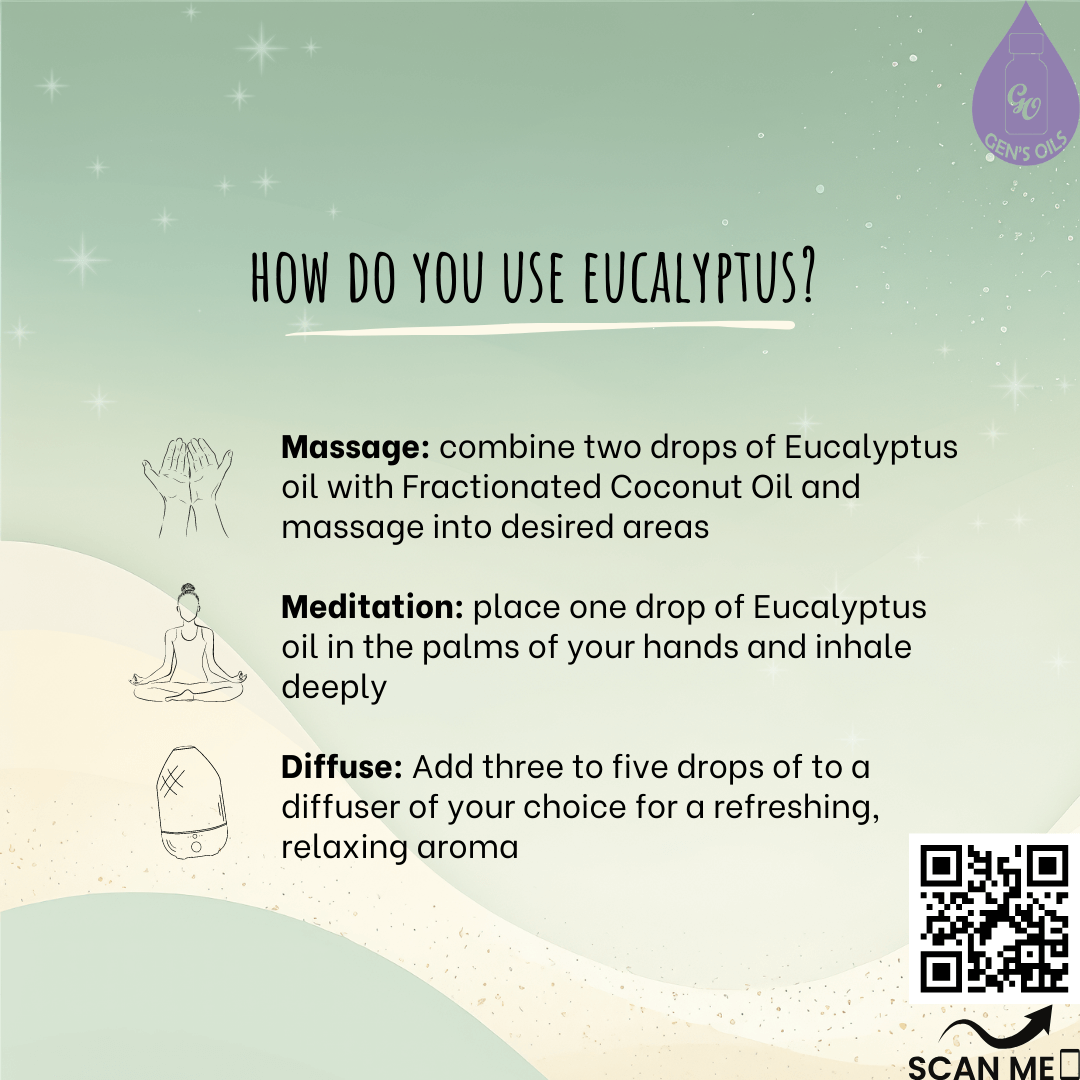 Three ways to use Eucalyptus. Massage, Meditation, Diffuse. The QR code opens a link to purchase Eucalyptus essential oil.