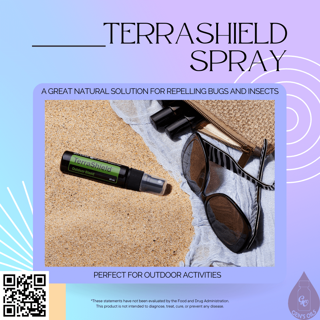 A bottle of TerraShield spray lies next to some sunglasses. The QR code opens a link to purchase TerraArmour spray.