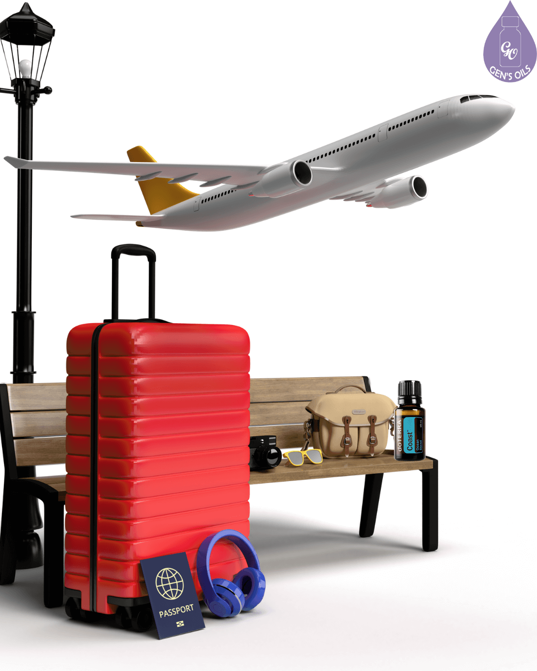 An airplane flies above a park bench with travel essentials, including a suitcase, passport, headphones, mug, glasses, handbag & a bottle of Coast essential oil. 