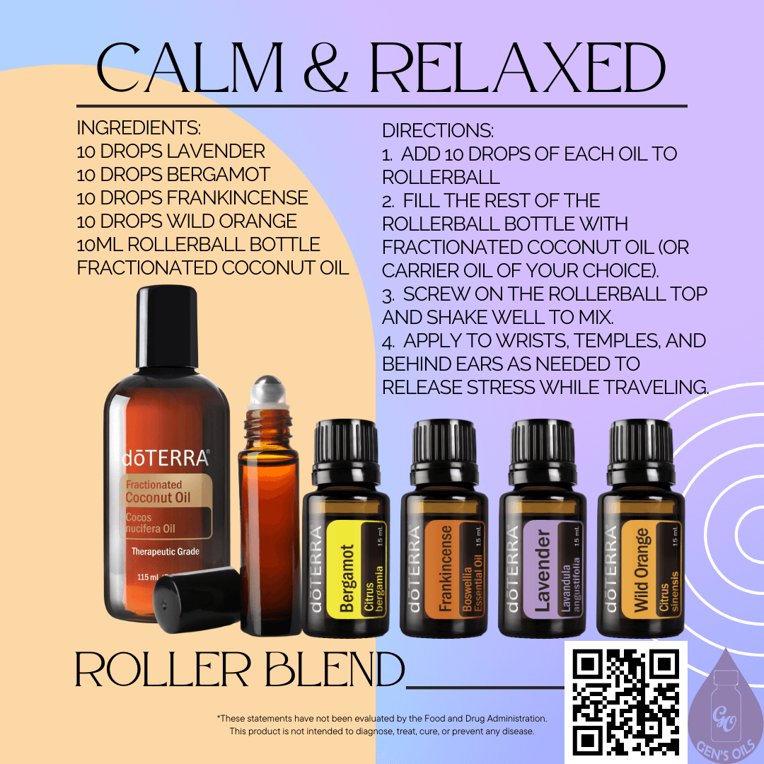 Bottles of the oils in this blend. The QR code opens a link to purchase these oils.