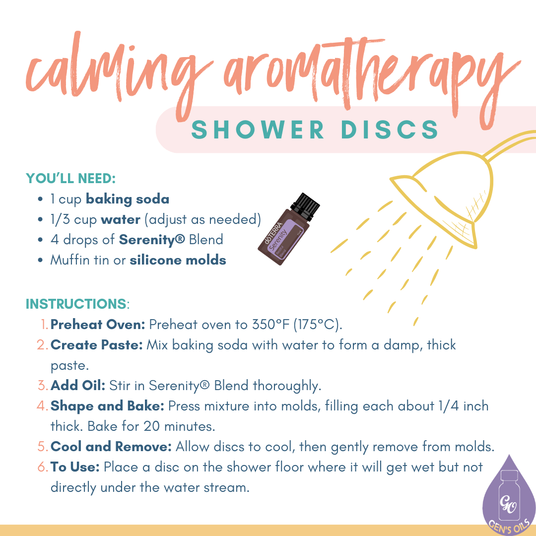 Calming Aromatherapy Shower Disks recipe with a bottle of Lavender Peace essential oil