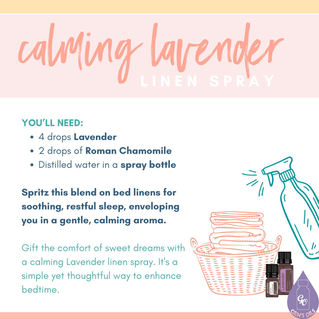 Calming Lavender Linen Spray recipe with bottles of Lavender & Roman Chamomile essential oils.