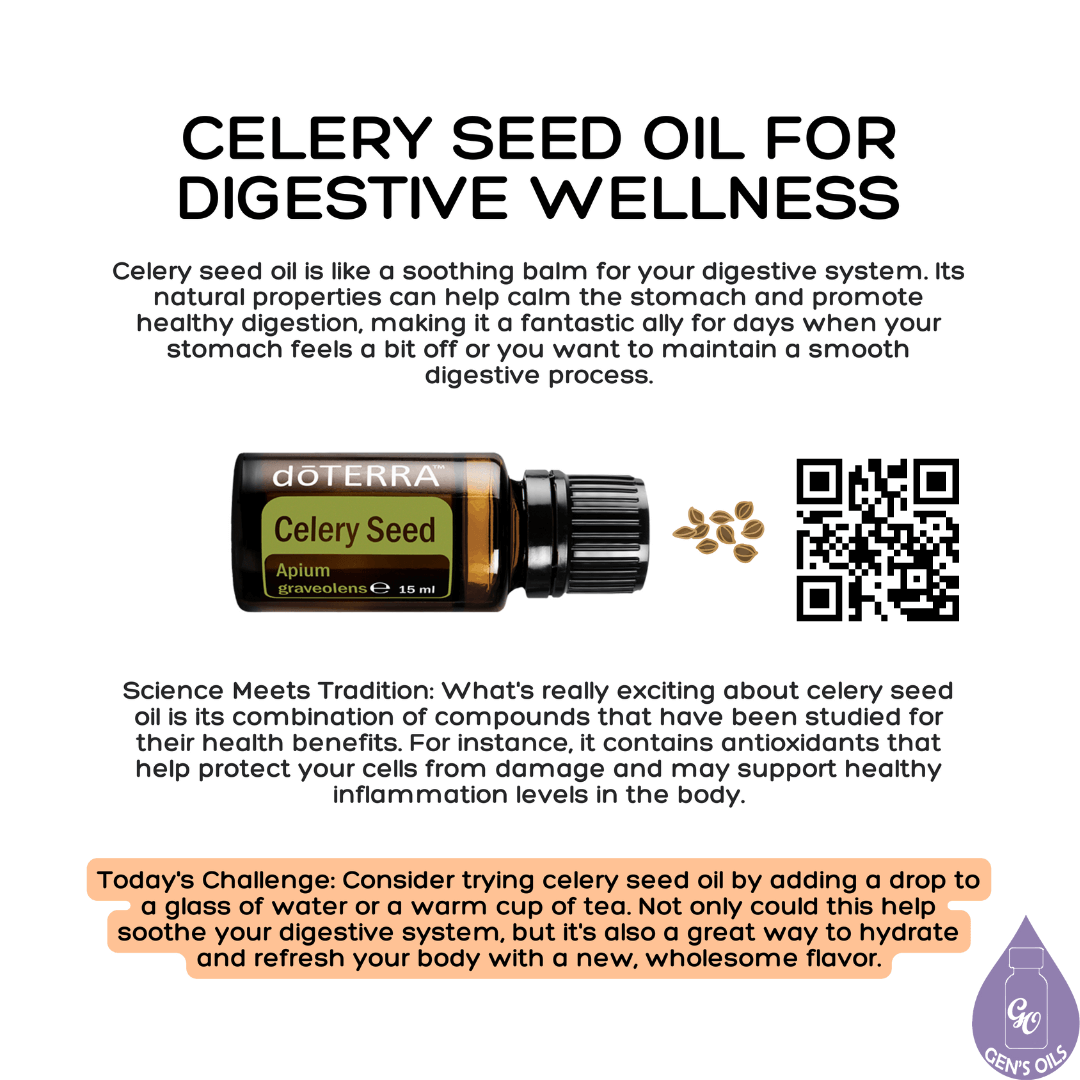 Celery Seed Oil for Digestive Wellness with a bottle of Celery Seed Oil. The QR code opens a link to purchase Celery Seed Oil