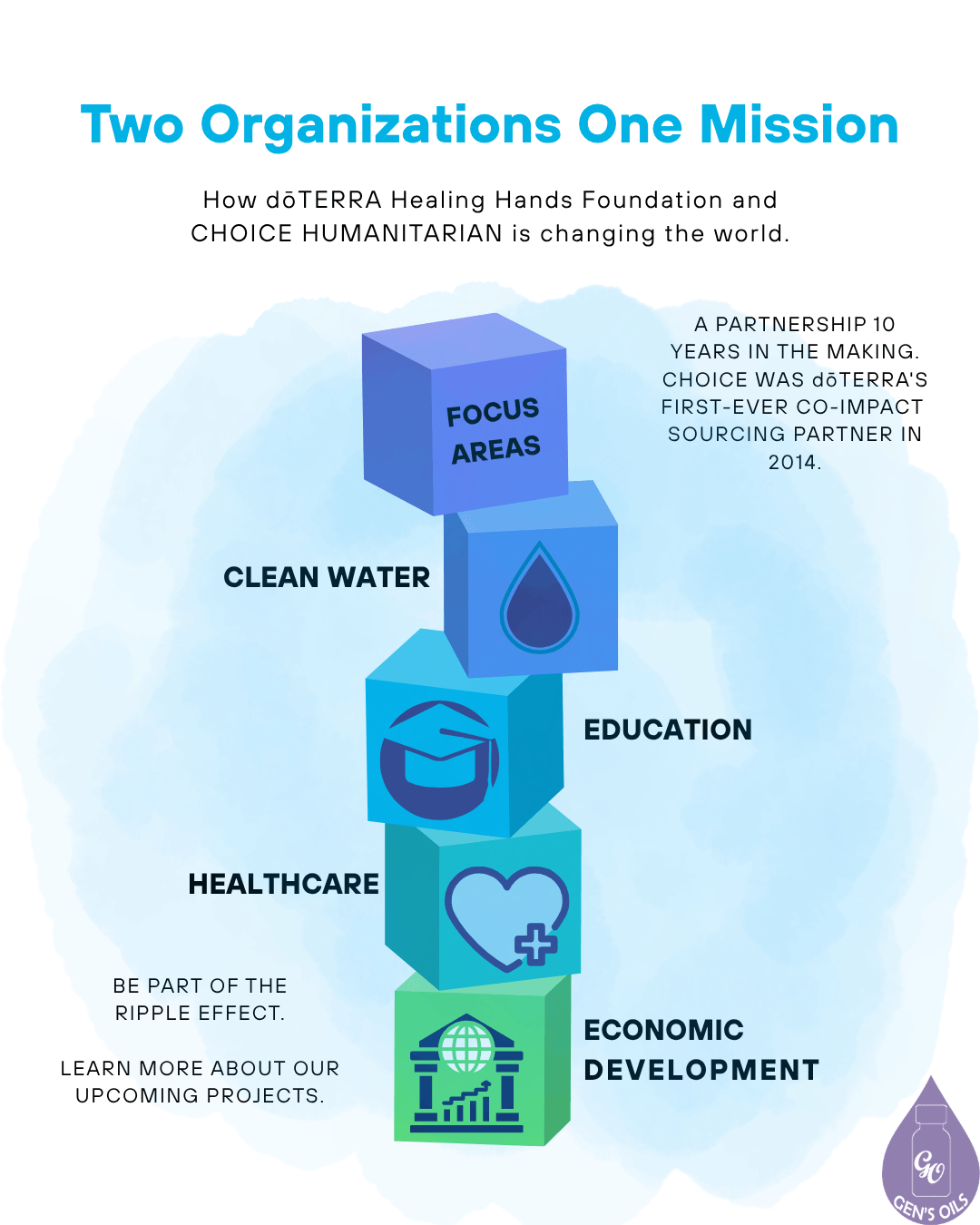 Infographic titled "Two Organizations One Mission" showing four stacked cubes representing focus areas: Clean Water, Healthcare, Education, and Economic Development. 