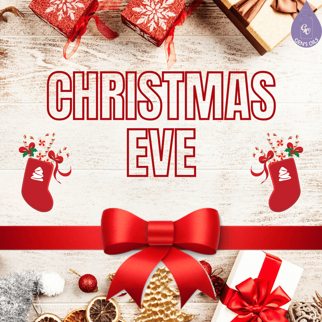 The words Christmas Eve surrounded by parcels, Christmas stockings & a bow.