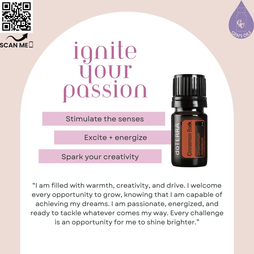 Cinnamon: Ignite Your Passion affirmation. The QR code opens a link to purchase Cinnamon Bark essential oil.