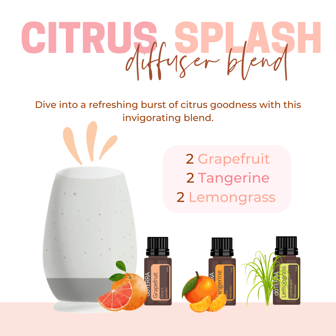 Citrus Splash diffuser blend. 2 drops Grapefruit, 2 drops Tangerine, 2 drops Lemongrass
