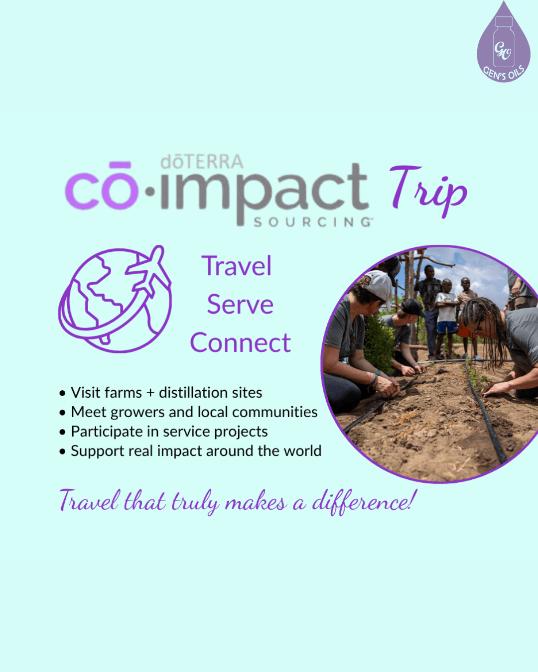 dōTERRA Co-Impact Trip promotes travel, service, and connection by visiting farms, meeting communities, participating in projects, and supporting global impact. Travel that truly makes a difference!