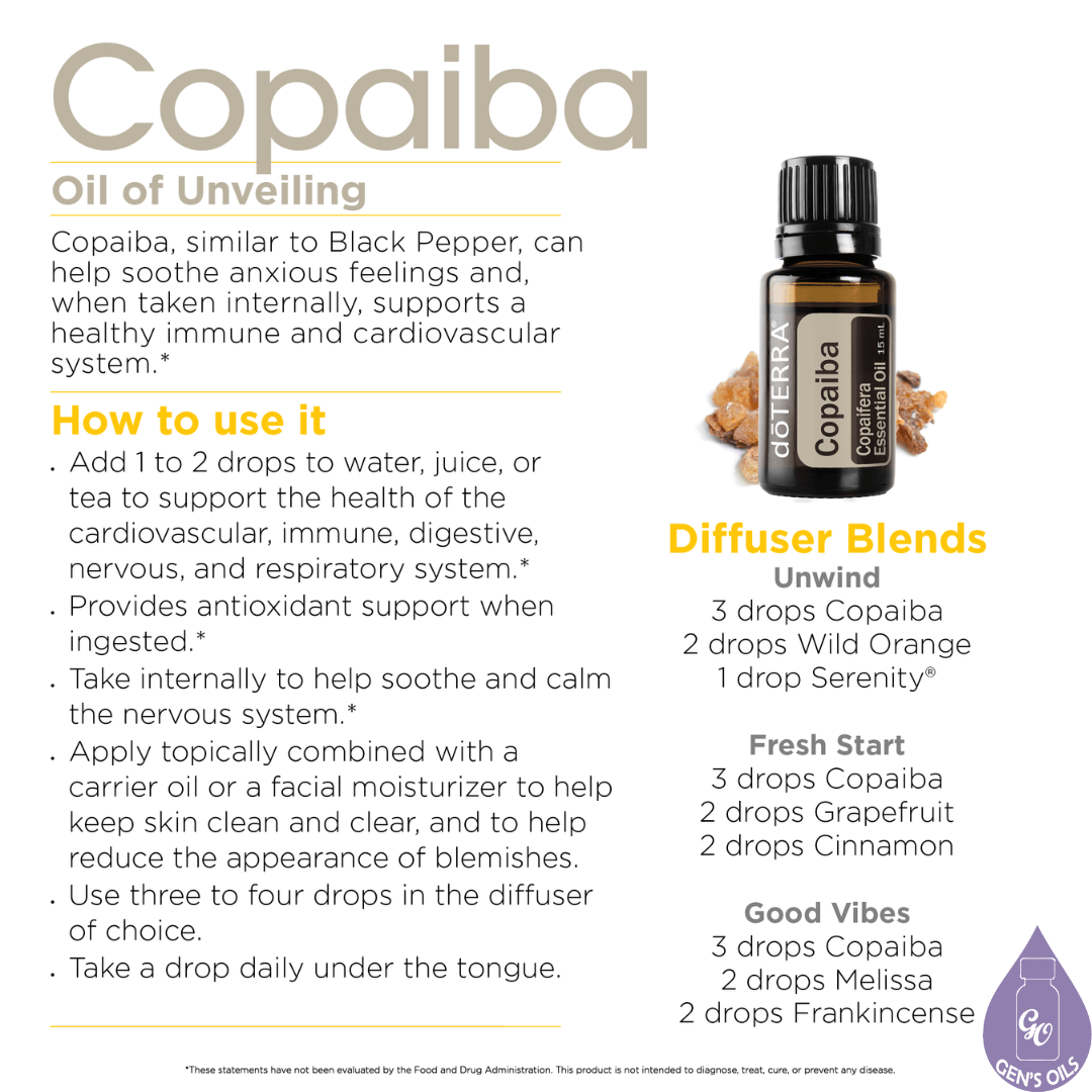 A bottle of Copaiba with suggestions for use.