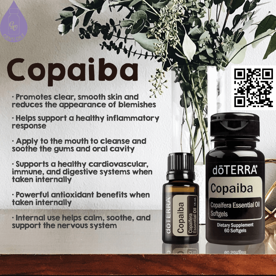 Copaiba. A bottle of Copaiba oil & a bottle of Copaiba Softgels on a shelf. The QR code opens a link to purchase these + Copaiba Touch.