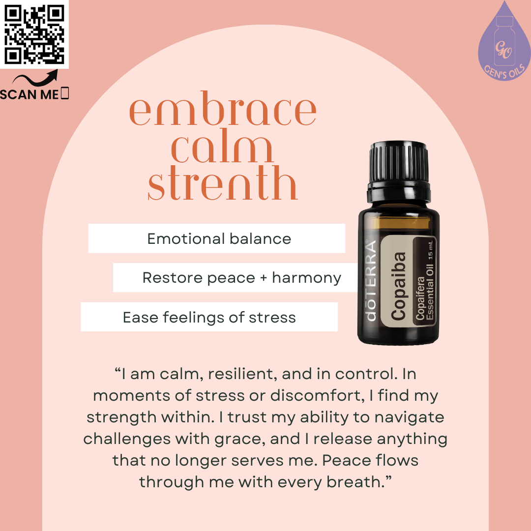 Copaiba: Enhance Calm Strength affirmation. The QR code opens a link to purchase Copaiba essential oil.