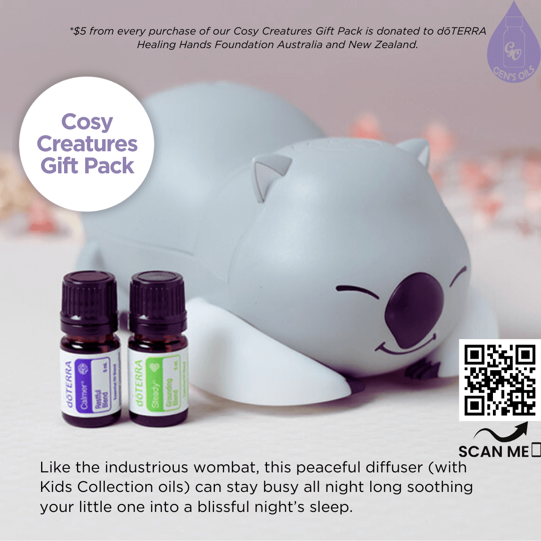 Wombat diffuser with bottles of Calmer & Stronger essential oils. The QR code opens a link to purchase this gift pack.