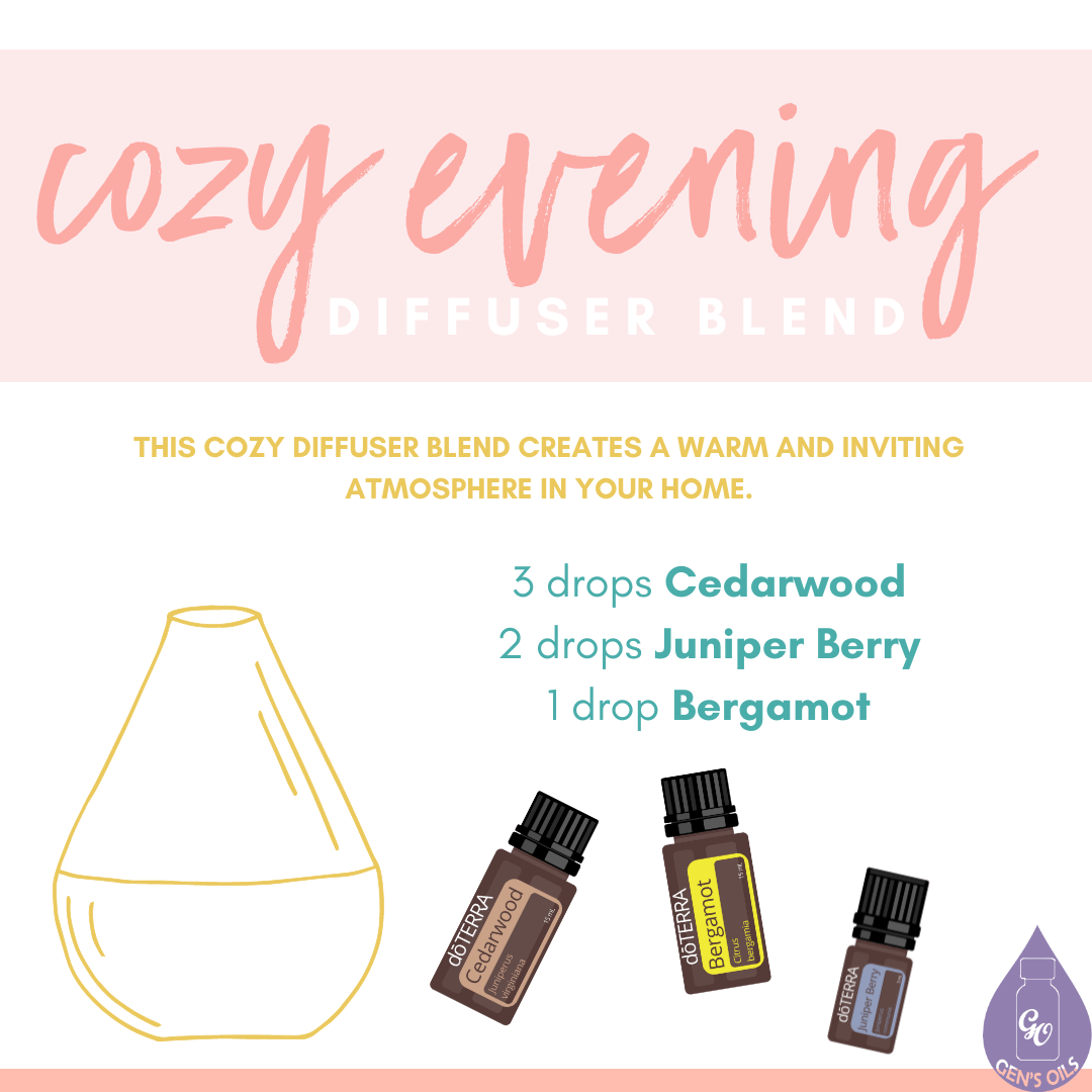 Cozy Evening diffuser blend recipe with bottles of Cedarwood, Juniper Berry & Bergamot essential oils.
