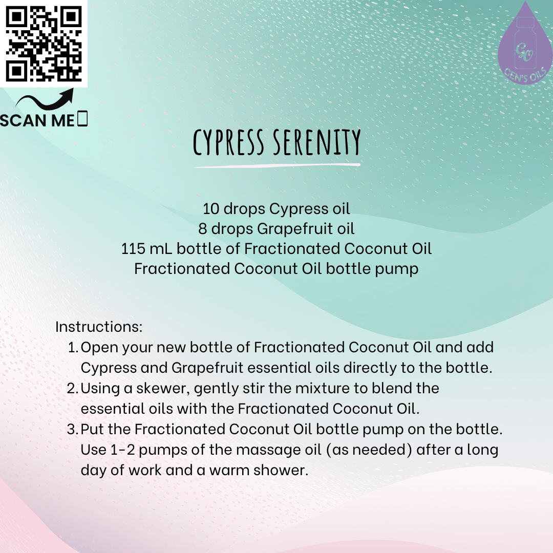 Cypress Serenity recipe. The QR code opens a link to purchase the essential oils used.