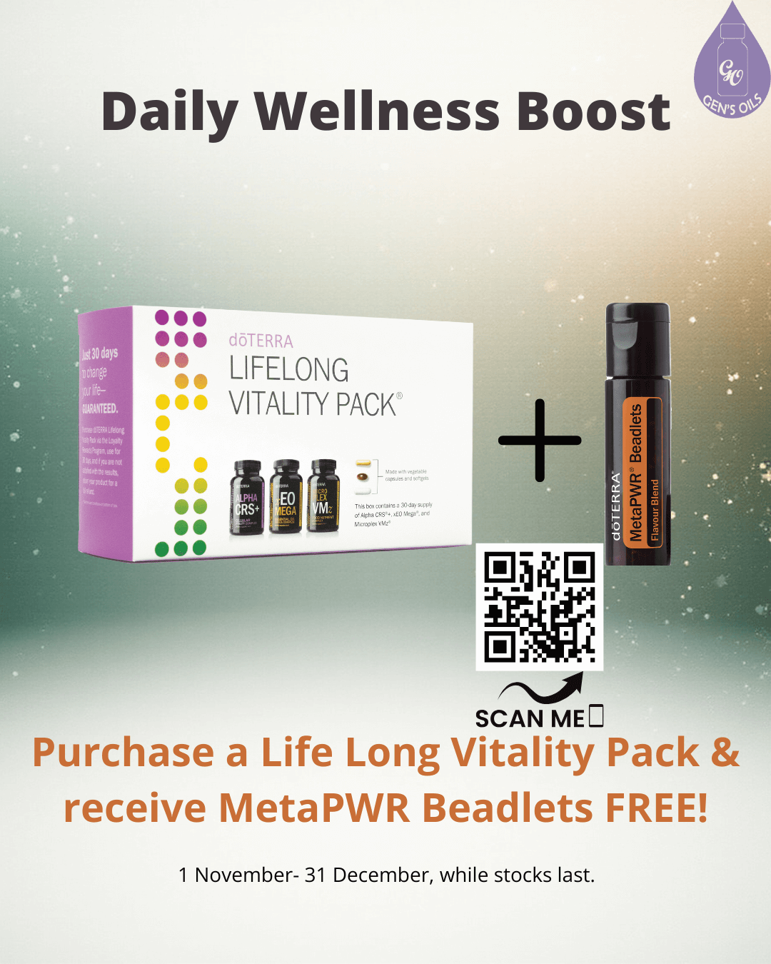 Life Long Vitality Pack + MetaPWR Beadlets. Text reads: Your Wellness Boost. Purchase a Life Long Vitality Pack & receive MetaPWR Beadlets FREE! 1 November - 31 December while stocks last.