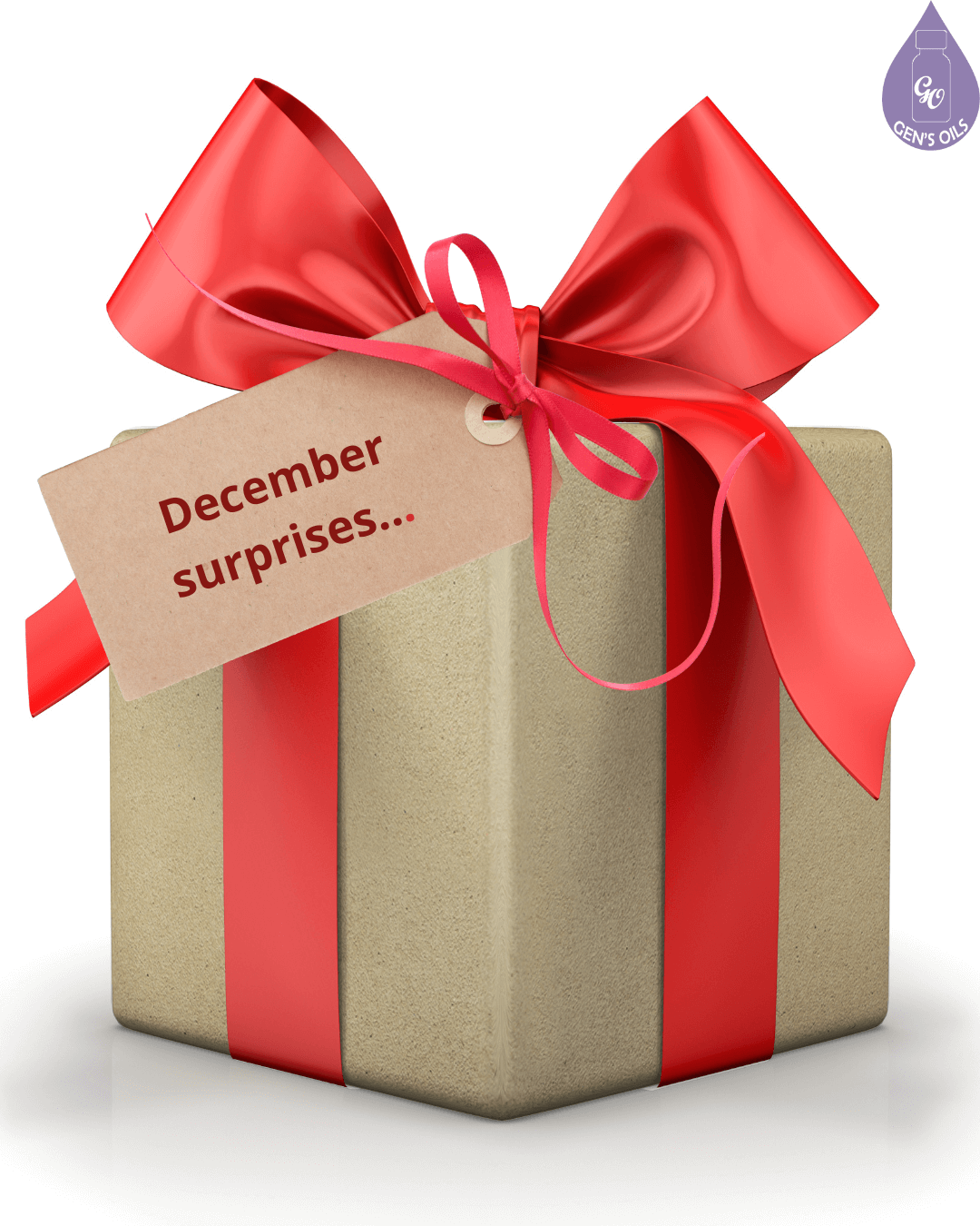 A box with a red bow around it & a tag with the words "December surprises..."A box with a red bow around it & a tag with the words "December surprises..."