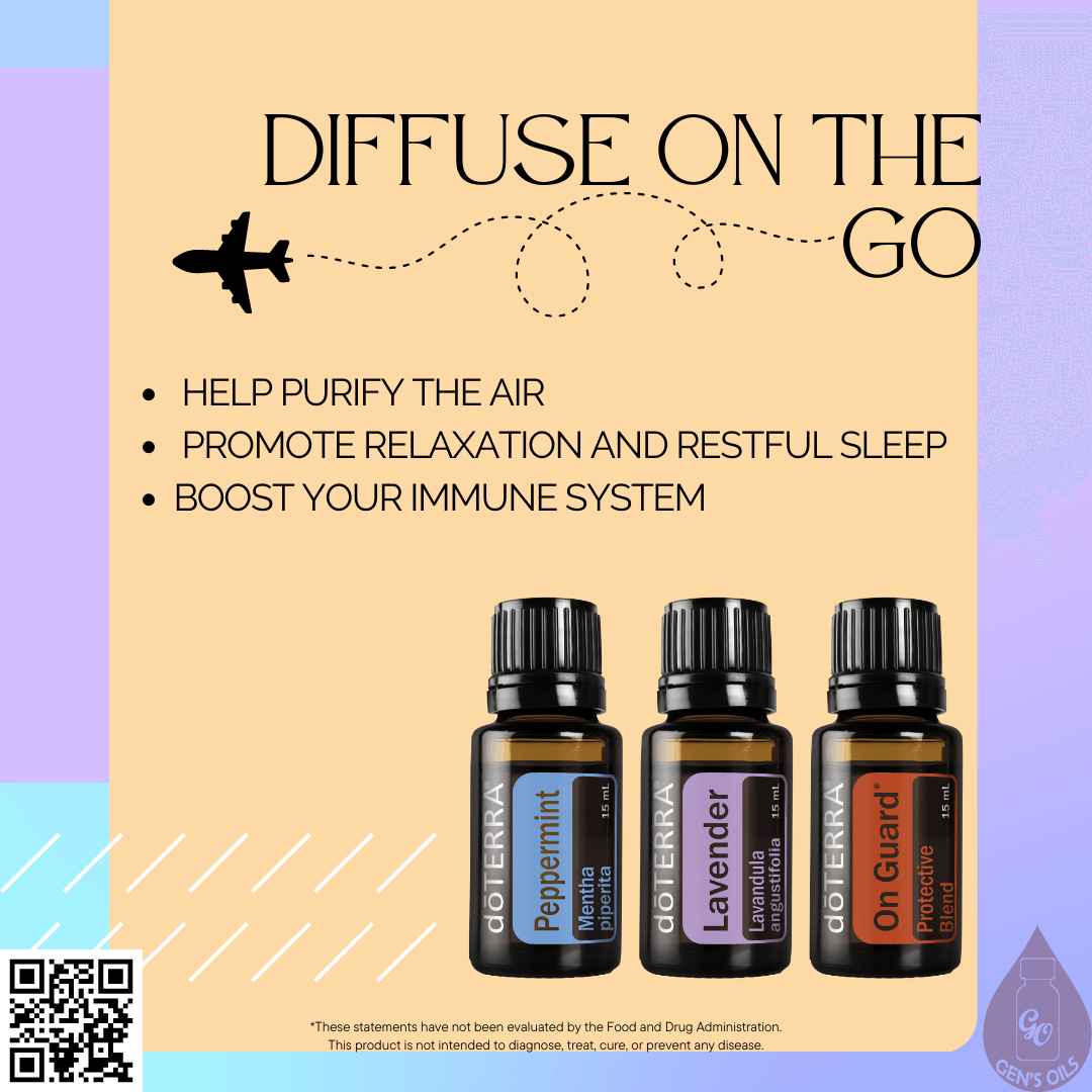 Diffuse on the go, with bottles of Lavender, Peppermint & On Guard oils. The QR code opens a link to purchase these.