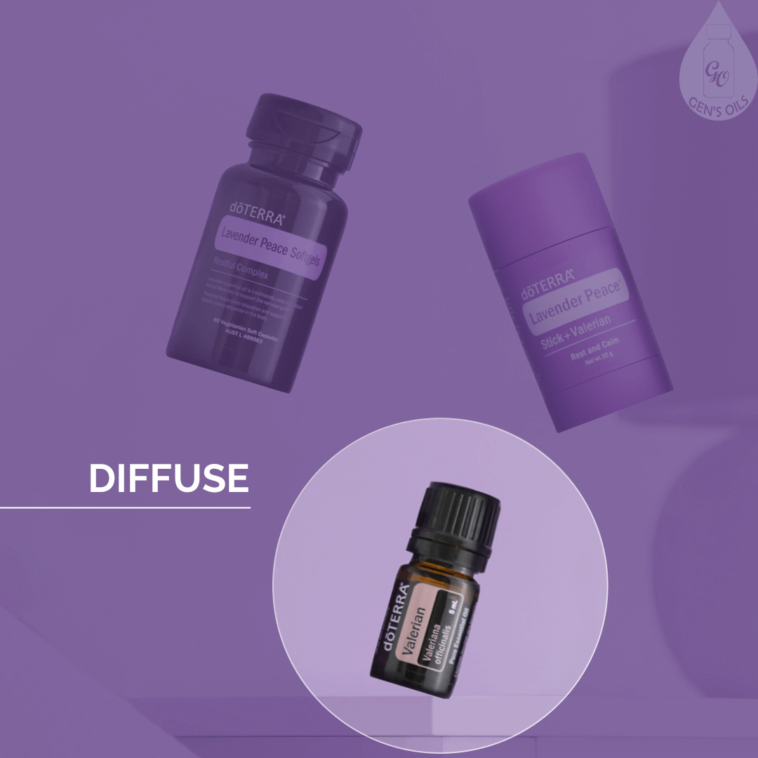 Lavender Peace Softgels, Lavender Peace Stick & Valerian essential oil, with a bright circle around Valerian. The text reads: Diffuse