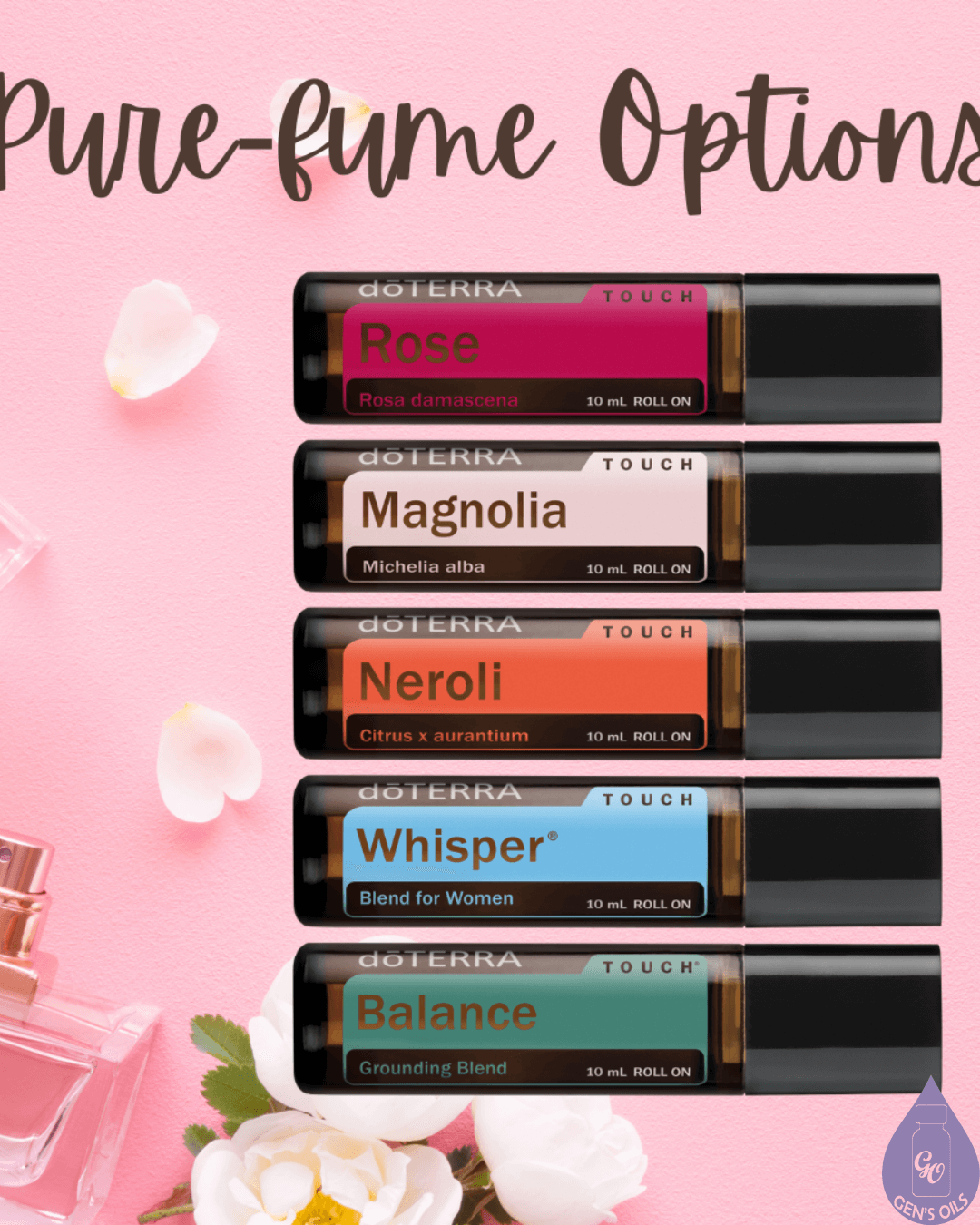 A selection of five doTERRA essential oil roll-ons, including Rose, Magnolia, Neroli, Whisper (Blend for Women), and Balance (Grounding Blend), displayed on a pink background with perfume bottles and flowers.