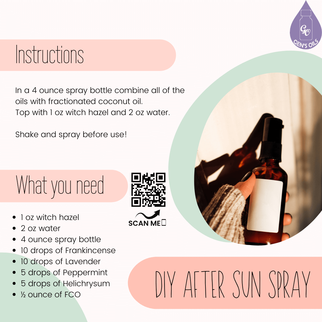 DIY After Sun Spray recipe. The QR code opens a link to purchase the essential oils used.