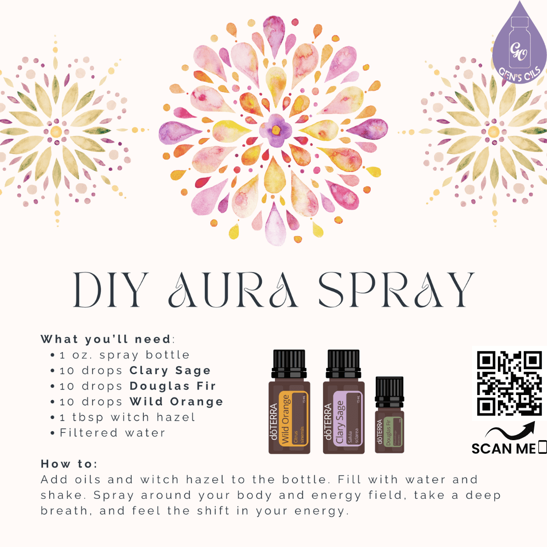 DIY aura spray. The QR code opens a link to purchase Clary Sage, Douglas Fir & Wild Orange essential oils.
