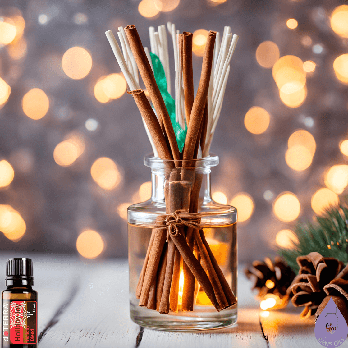 A DIY Reed Diffuser with a bottle of Holiday Joy essential oil