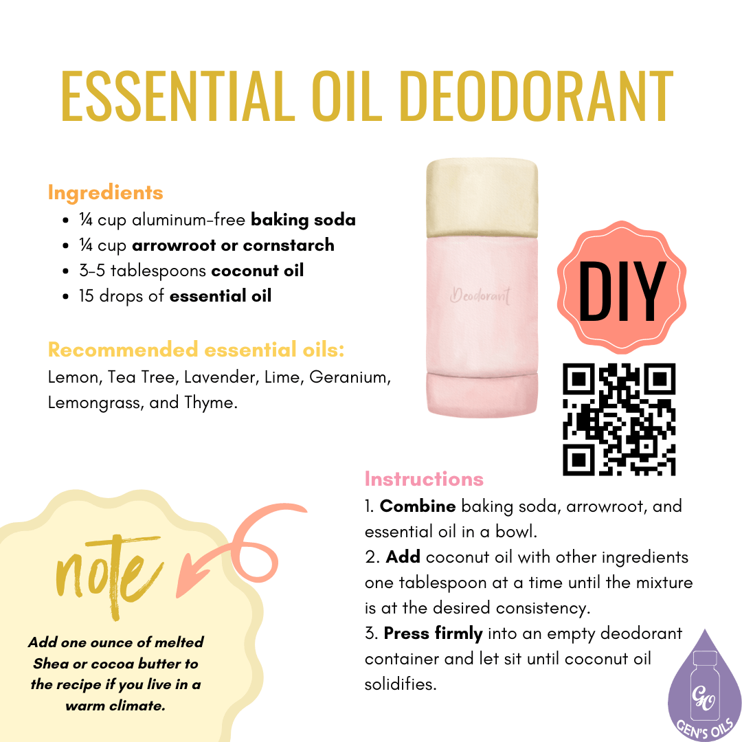 Essential Oil Deodorant. The QR code opens a link to purchase the recommended oils.