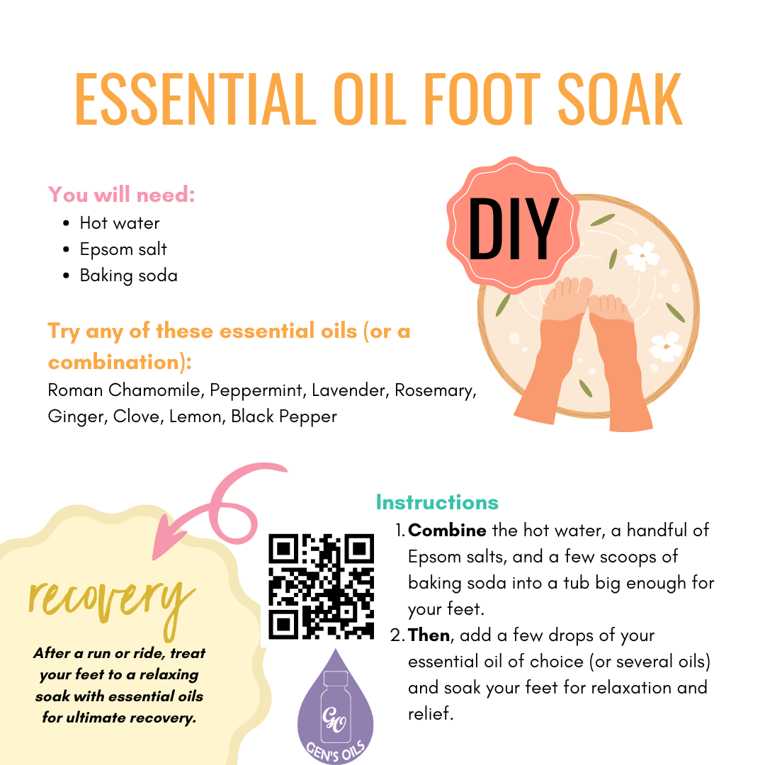 Essential Oil Foot Soak. The QR code opens a link to purchase the recommended oils.