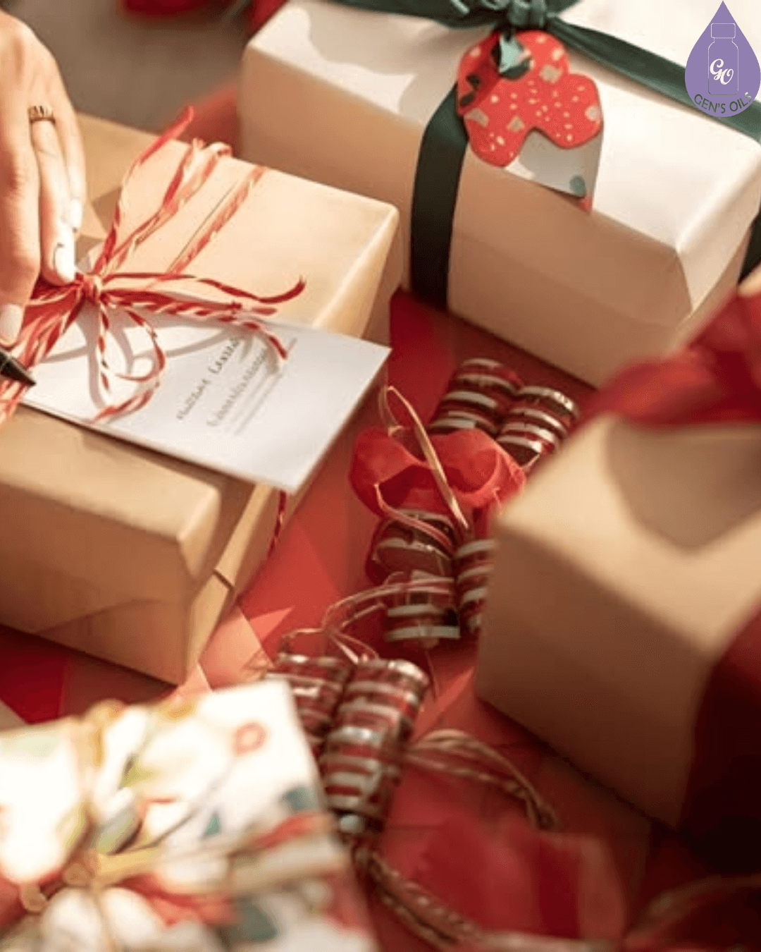 A person wrapping Christmas gifts.