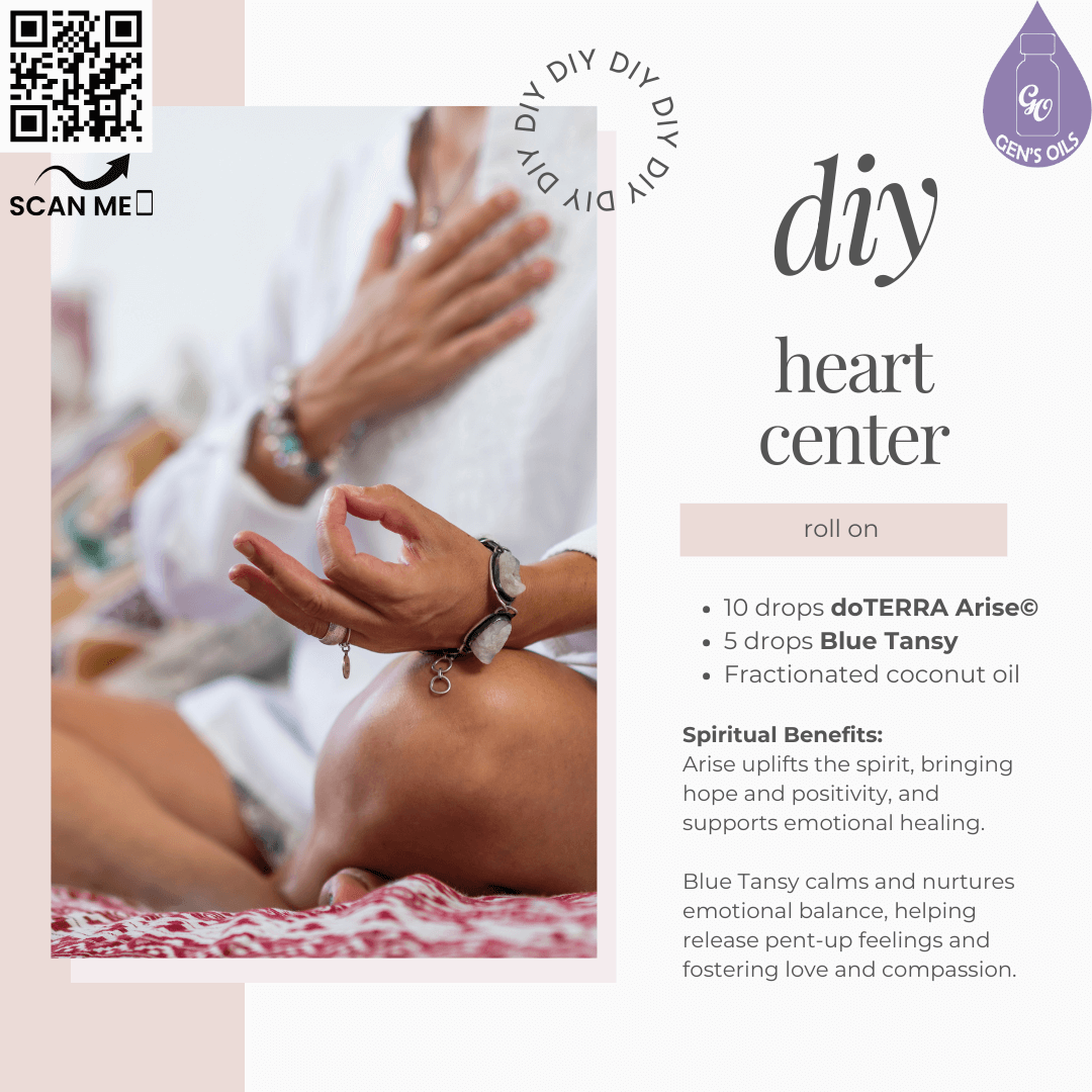 Heart Centre roll-on recipe with an image of a woman sitting corss-legged with her hand over her heart. The QR code opens a link to purchase the Yoga Collection (with Arise) & Blue Tansy essential oils.