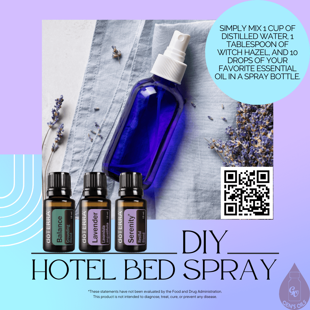 A glass spray bottle with bottles of Lavender, Serenity & Balance essential oils. The QR code opens a link to purchase these oils.