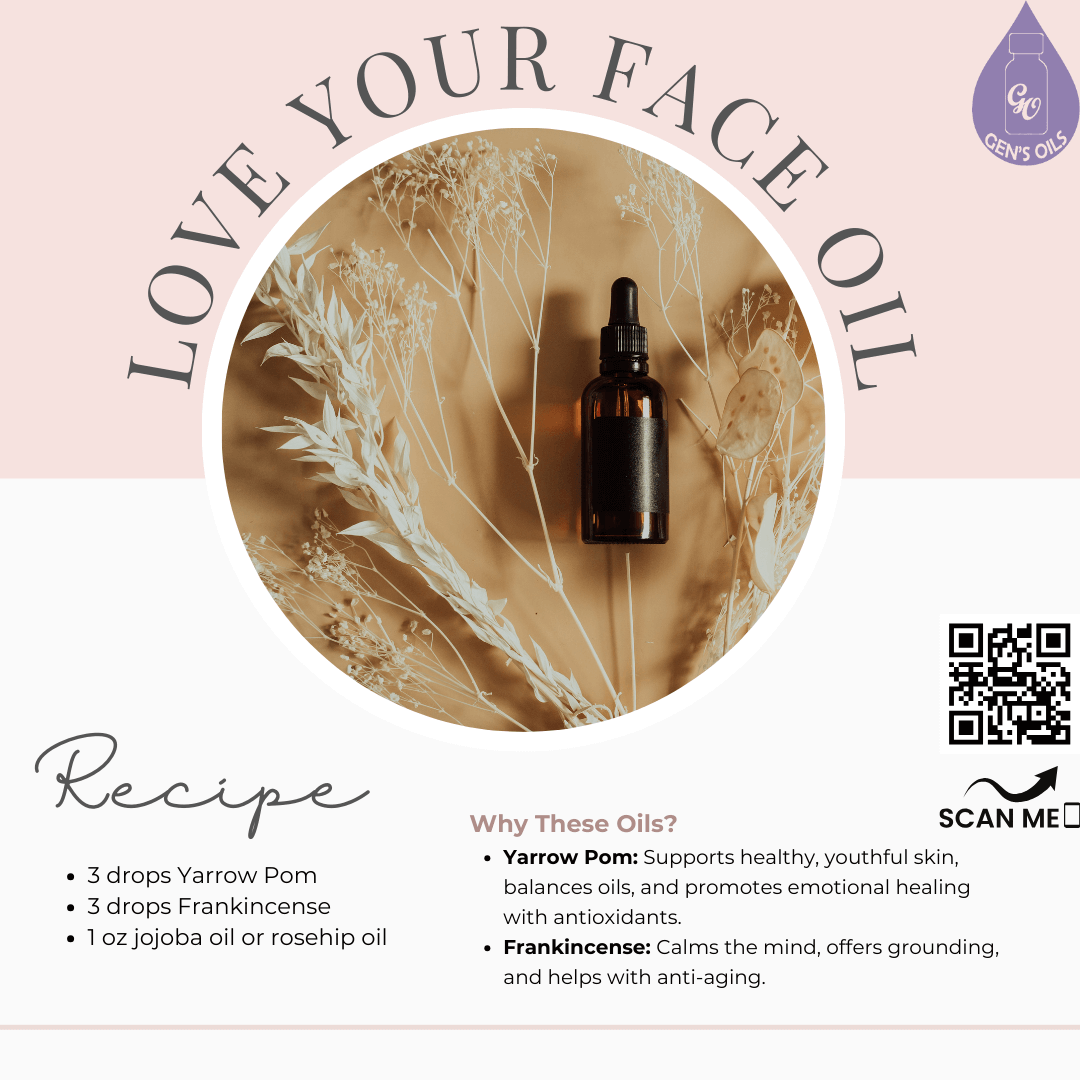 Love Your Face Oil recipe with a bottle made up. The QR code opens a link to purchase Yarrow Pom & Frankincense essential oils.