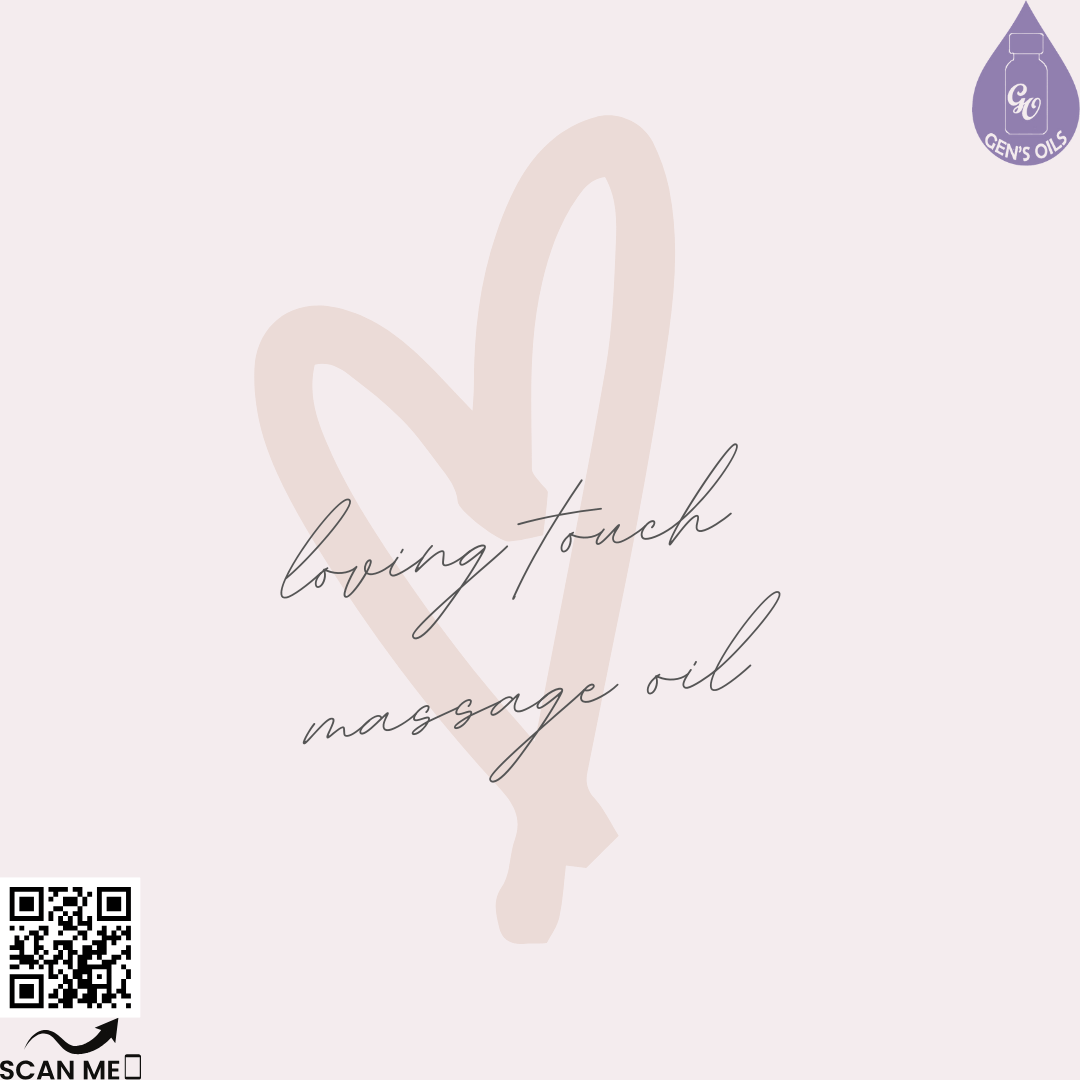 Loving Touch Massage Oil inside a heart. The QR code opens a link to purchase Cypress & Jasmine essential oils.