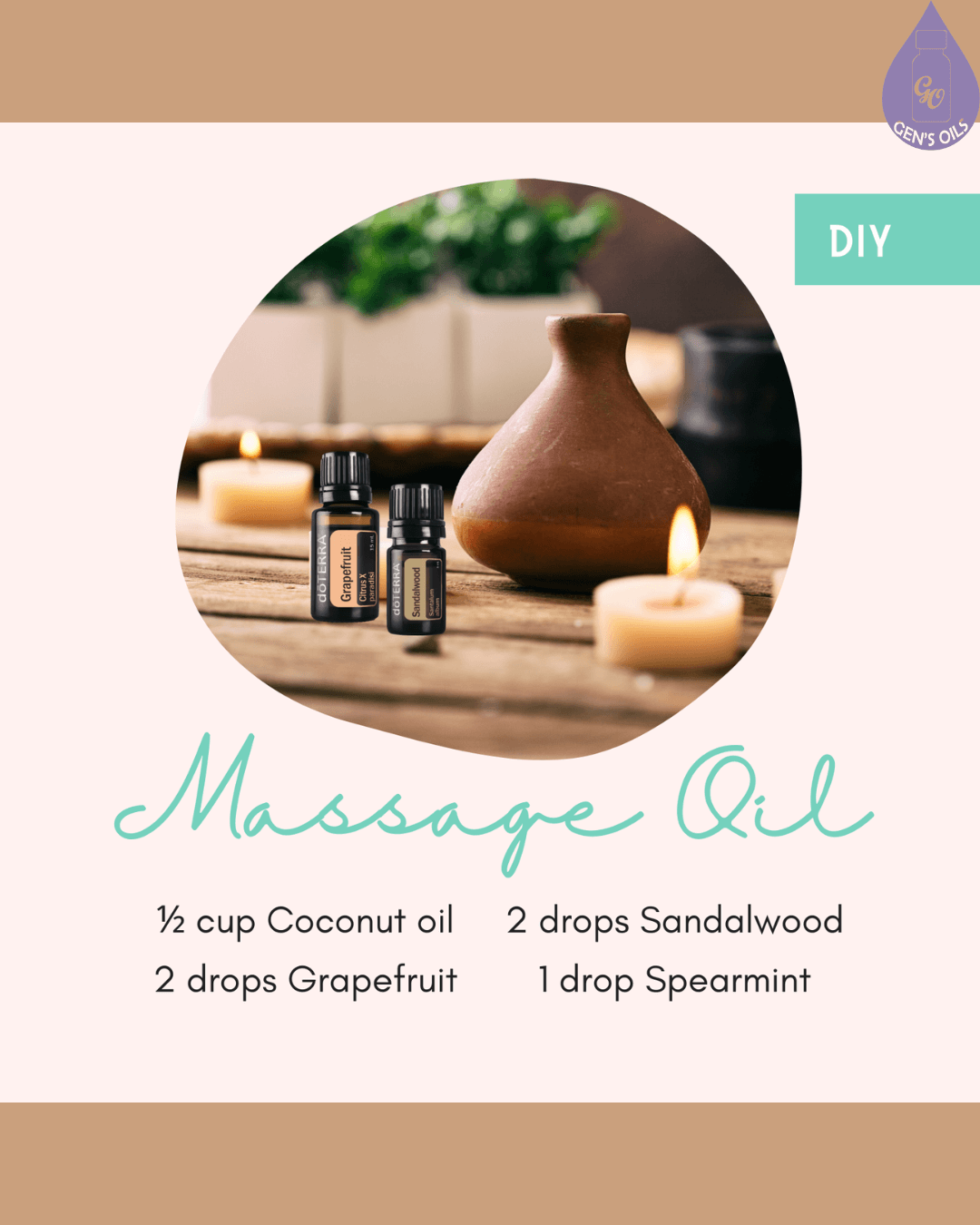 Recipe for DIY massage oil with coconut oil, grapefruit, sandalwood, and spearmint essential oils, surrounded by candles and decorative pottery.