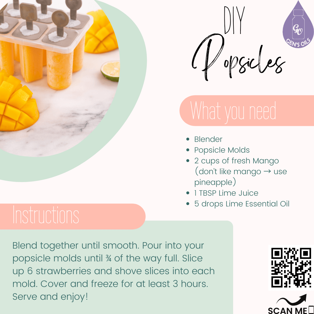 DIY Popsicle recipe. The QR code opens a link to purchase Lime essential oil.