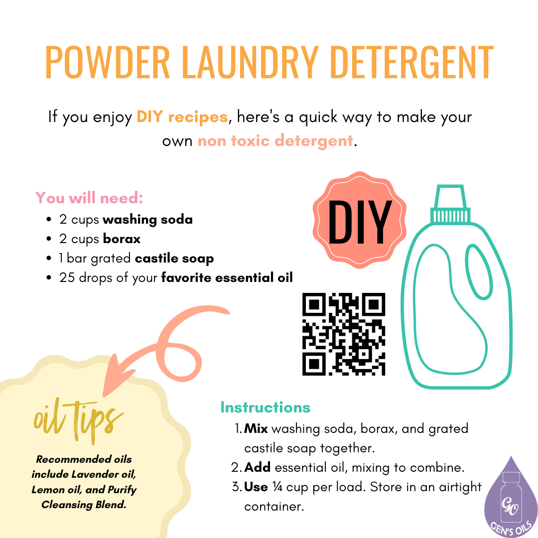 Powder Laundry Detergent. The QR code opens a link to purchase the recommended oils.