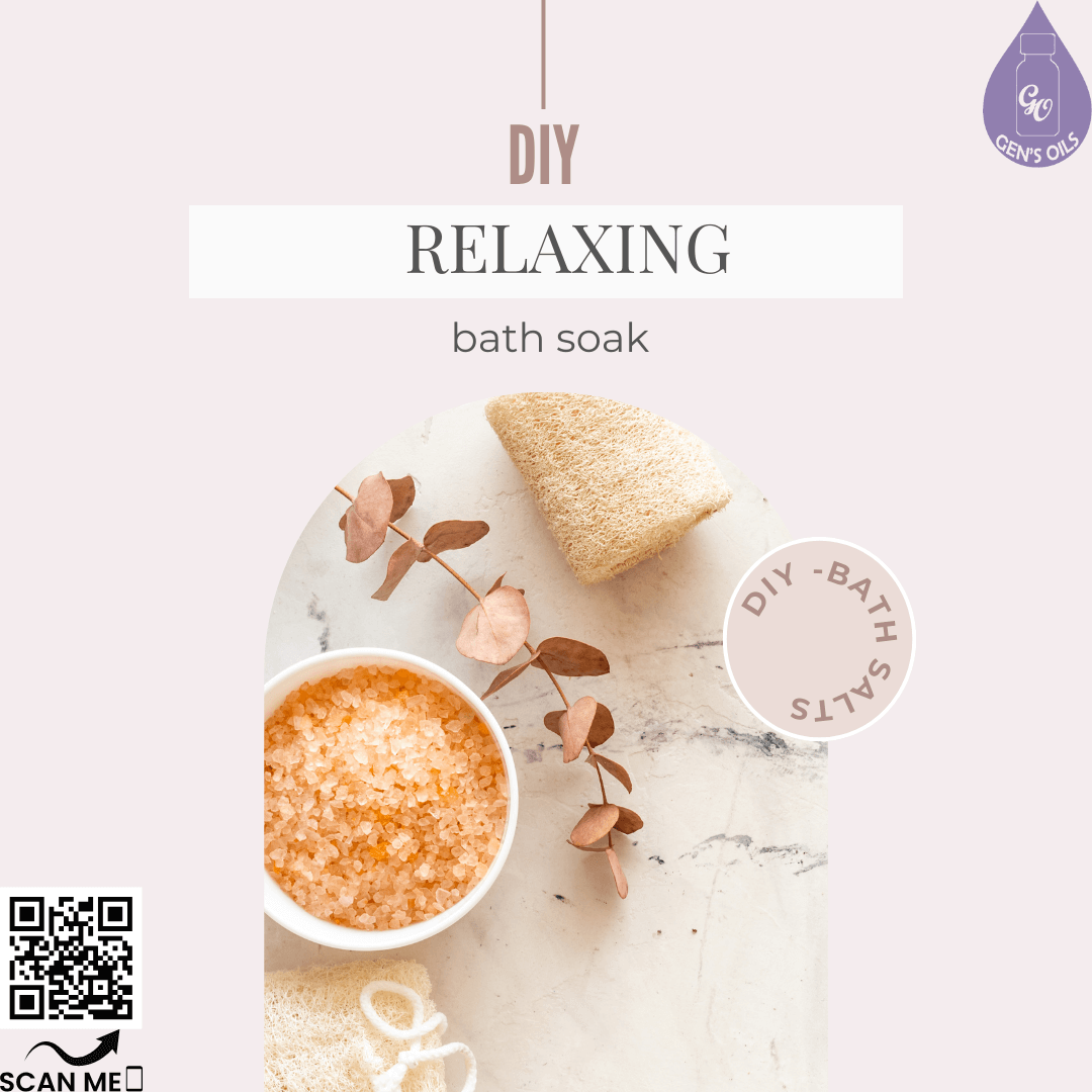 A bowl of bath soak with a towel beside it. The QR code opens a link to purchase Northern Escape & Tangerine essential oils.
