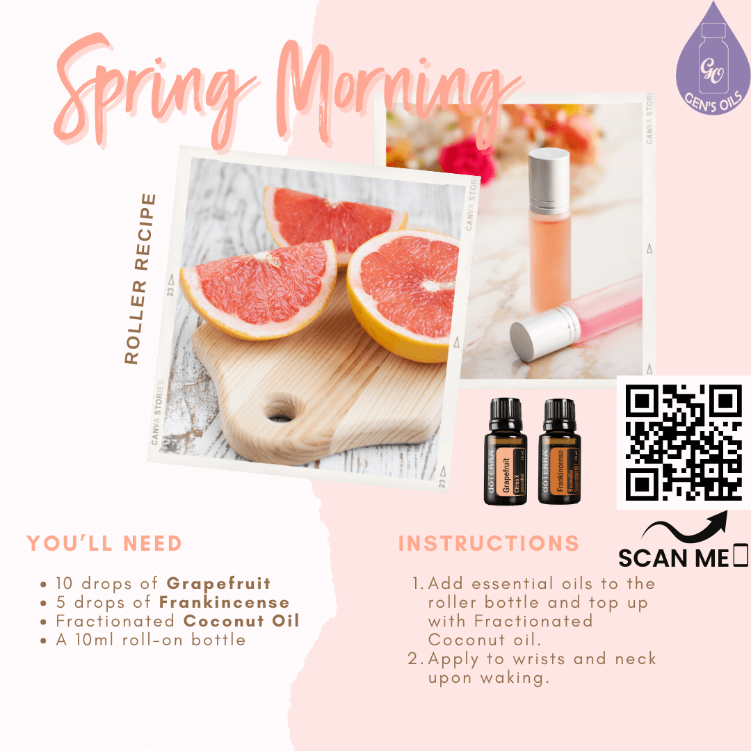 Spring Morning Roll-on recipe with bottles of Grapefruit & Frankincense essential oils, a roller bottle & some sliced grapefruit. The QR code opens a link to purchase the oils to make this blend.