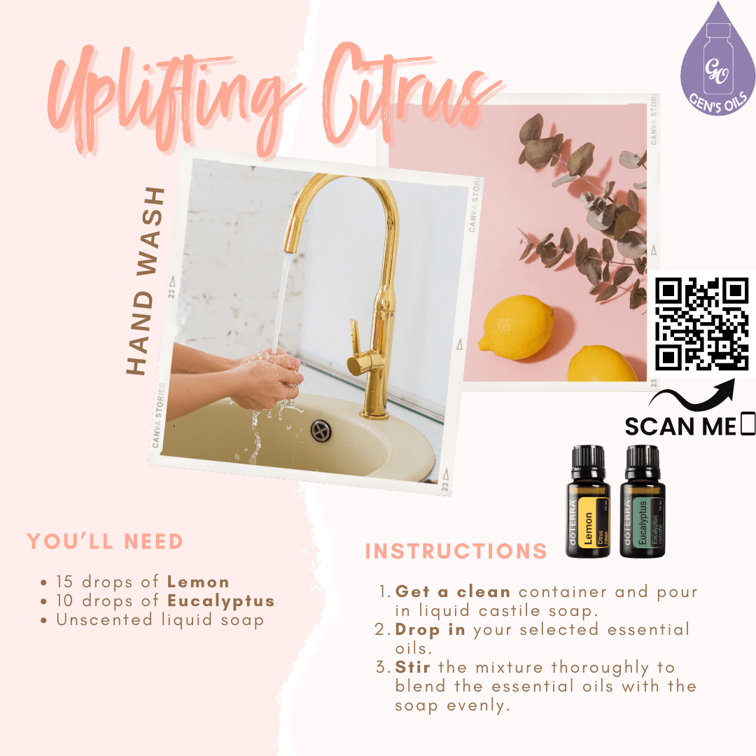 Uplifting Hand Wash recipe with bottles of Lemon & Eucalyptus essential oils, a couple of lemons & hands washing under a tap. 