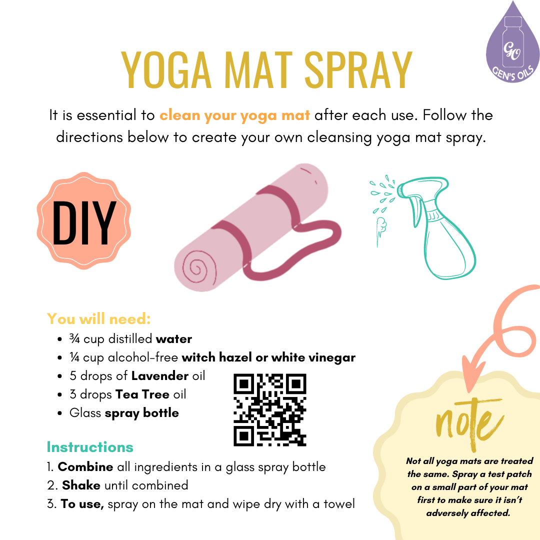 Yoga Mat Spray. The QR code opens a link to purchase the essential oils recommended.