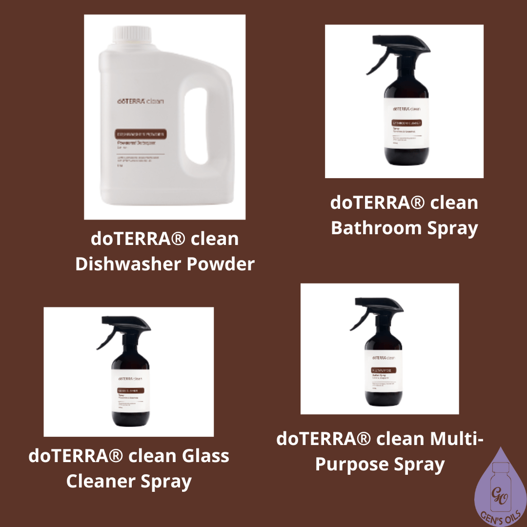 doTERRA Clean Dishwasher Powder; doTERRA Clean Bathroom Spray; doTERRA Clean Glass Cleaner Spray; doTERRA Clean Multi-Purpose Spray