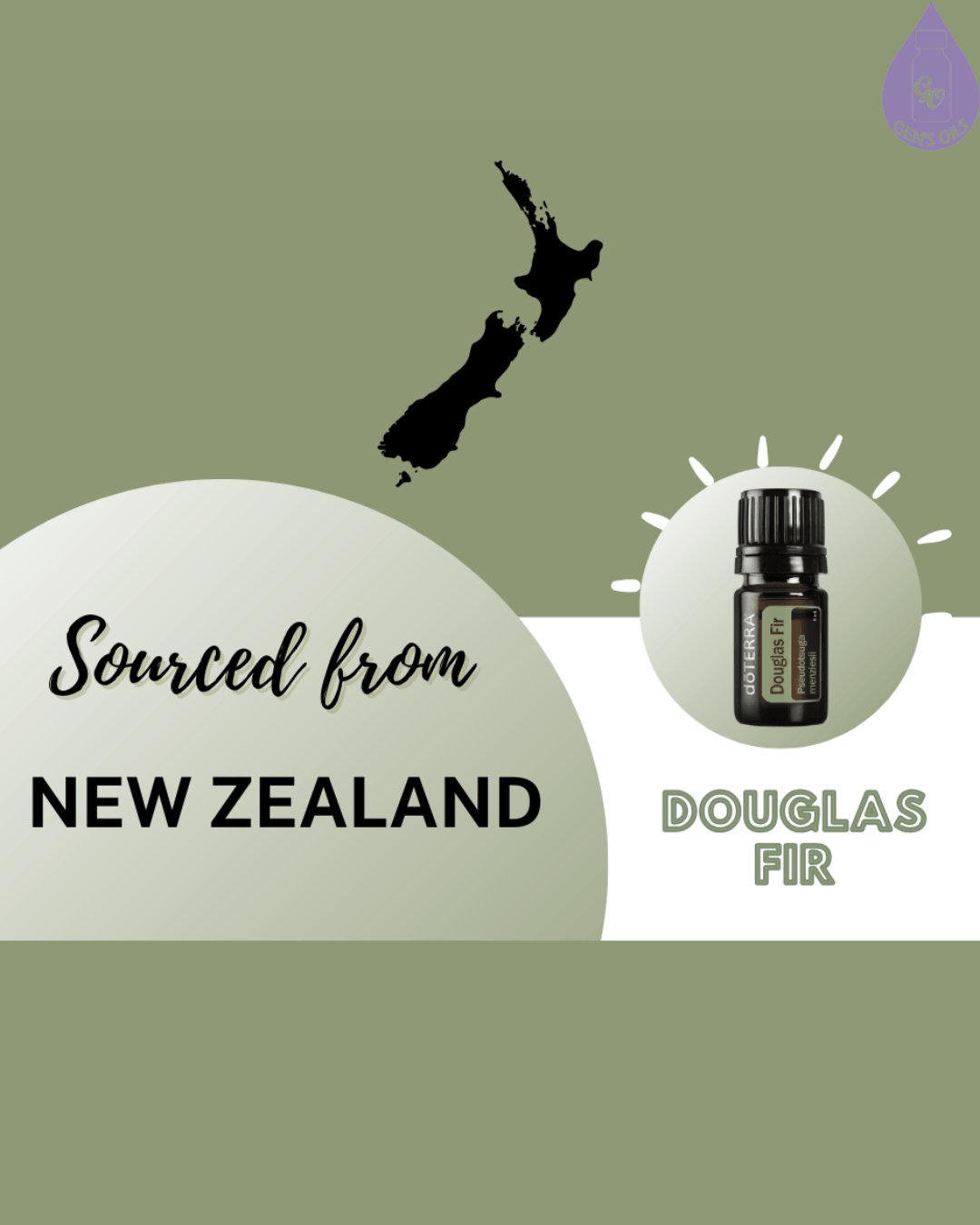 A bottle of Douglas Fir essential oil is shown, with the text 'Sourced from NEW ZEALAND' and a silhouette of New Zealand on a muted green background.