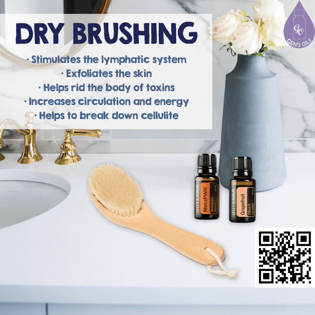 Dry Brushing. A brush on a bathroom vanity with bottles of Grapefruit & MetaPWR essential oils. The QR code opens a link to purchase these oils.
