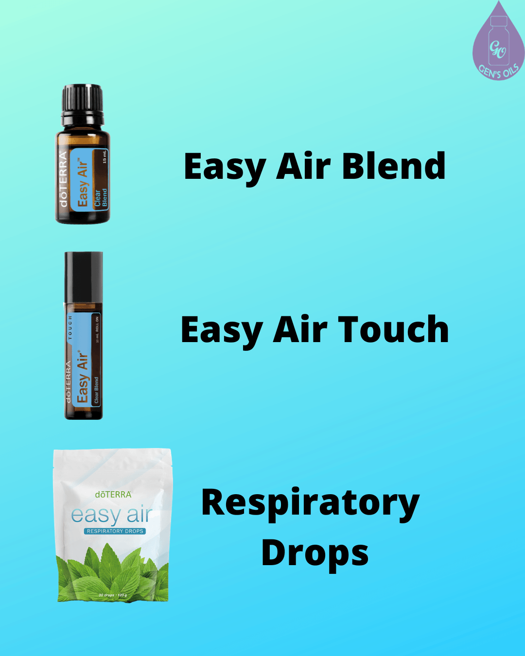 Bottles of Easy Air Respiratory Blend & Easy Air Touch oils & a packet of Easy Air Respiratory Drops