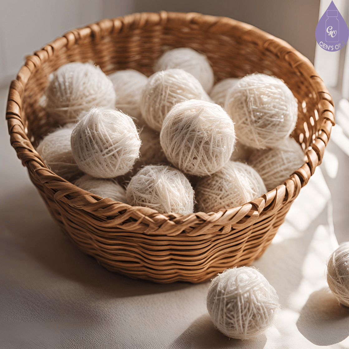 Eco-friendly dryer balls in a basket.
